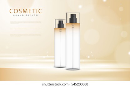 cosmetic product poster, gold bottle package design with moisturizer cream or liquid, sparkling background with glitter polka, vector design.