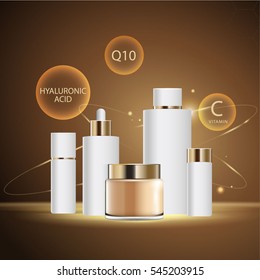 cosmetic product poster, gold bottle package design with moisturizer cream or liquid, sparkling background with glitter polka, vector design.