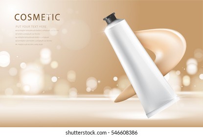 cosmetic product poster, gold bottle package design with moisturizer cream or liquid, sparkling background with glitter polka, vector design.