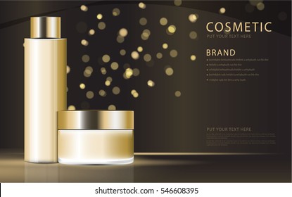 cosmetic product poster, gold bottle package design with moisturizer cream or liquid, sparkling background with glitter polka, vector design.