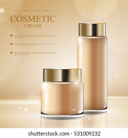 cosmetic product poster, golden bottle package design with moisturizer cream or liquid, sparkling background with glitter polka, vector design.