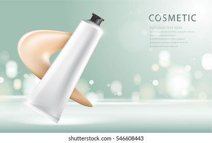 cosmetic product poster, green bottle package design with moisturizer cream or liquid, sparkling background with glitter polka, vector design.