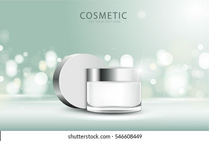 cosmetic product poster, green bottle package design with moisturizer cream or liquid, sparkling background with glitter polka, vector design.