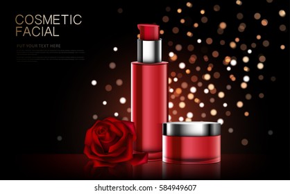 cosmetic product poster, red bottle package design with moisturizer cream or liquid, sparkling background with glitter polka, vector design.