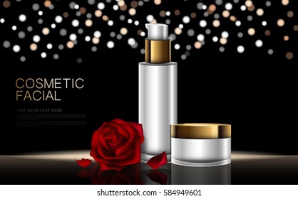 cosmetic product poster, rose bottle package design with moisturizer cream or liquid, sparkling background with glitter polka, vector design.