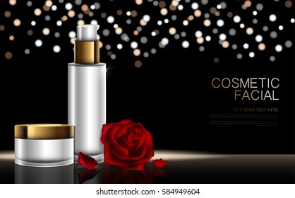 cosmetic product poster, rose bottle package design with moisturizer cream or liquid, sparkling background with glitter polka, vector design.