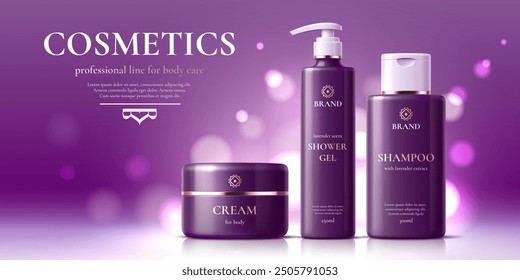 Cosmetic product purple templates. Hair shampoo, shower gel and body cream packages. Advertising poster with luxury realistic 3d vector plastic jar and bottle mockups on soft violet bokeh background