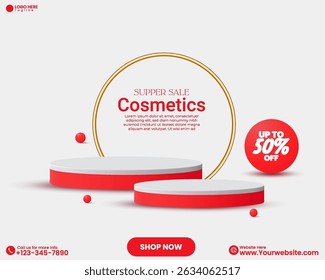 Cosmetic product sale Promotion social media banner design with red and a 3D cylinder abstract podium display. Modern Cosmetic Product Sale Banner with Red Circular Podium and Discount Badge. 