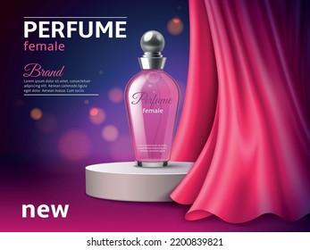 Cosmetic product silk podium. Realistic perfume bottle on presentation stage with red textile drapery, round pedestal, glass 3d phial, cosmetic glamour promotional banner, utter vector concept