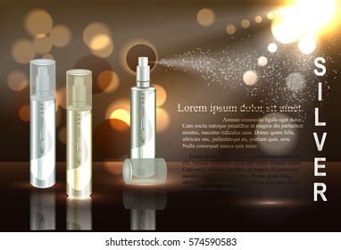 cosmetic product silver and powders, brown background, 3D illustration