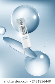 Cosmetic Product for Skin Care floating in air with round mirror and there is a reflection from the mirror .  cosmetic ad Illustration . Realistic vector illustration .