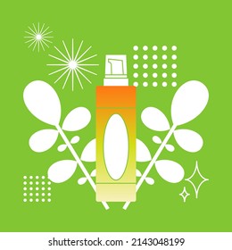 Cosmetic product for skin and hair care. Gradient on a bun with product on a green background with leaves on geometric elements. Flat style vector