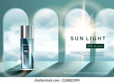 Cosmetic product and Skincare ad with simple geometric shapes studio display, concept of light texture sunscreen, 3d illustration