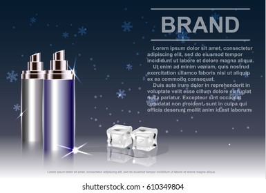 Cosmetic product, spray bottle, background with ice and falling snow.Vector illustration.
