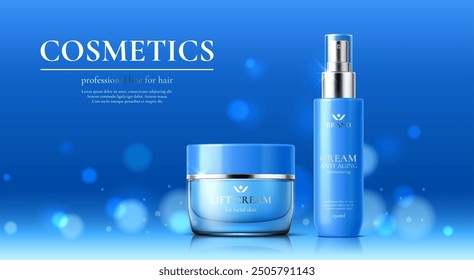 Cosmetic product template, lift and anti aging cream packages, vector ad poster. Skincare cosmetics bottle and jar mockup with silver shine and bokeh glow for anti-aging cream and face moisturizer