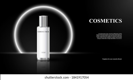 Cosmetic Product Template, Vector Background with cosmetic product, white cosmetic bottle on black background, premium design of cosmetics product, cosmetic brand presentation 