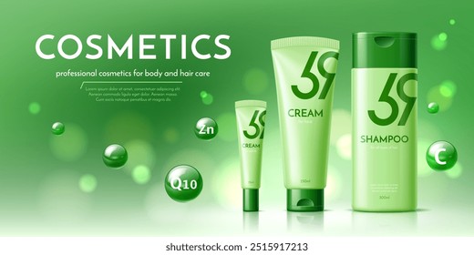 Plantillas de productos cosméticos. Paquete de botella de champú y tubo de crema. El anuncio de Vector Green Cosmetics muestra la producción profesional para el cuidado del cuerpo y el cabello, incluida la crema para la cara y los párpados con Q10 y zinc