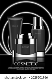 Cosmetic product with three circles neon light on black  background