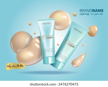 Cosmetic product tube ad with beige liquid splash, concept of foundation cream. BB cream, 3d illustration. cosmetics mock up with light blue color, hand cream.Vector illustration