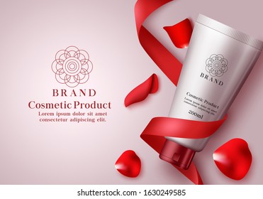 Cosmetic product vector banner template. Cosmetic product or mock up lotion bottle for body whitening and moisturizing with red cap, ribbon and rose petals in elegant background. Vector illustration.