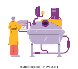 Cosmetic production process, woman sets temperature using special equipment flat style, vector illustration isolated on white background. Brew machine, technologies
