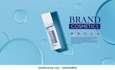 Cosmetic product.Moisture skincare product ads with Drop of water on blue background. Vector illustration, eps10 