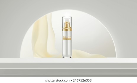 Cosmetic products ad with arched door and fabric . Moisturizing Skincare Toner Ads . Vector 3d illustration .