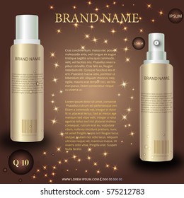 Cosmetic products ad,  brown  background with beautiful containers and shine texture in 3d illustration