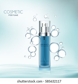 Cosmetic products ad, with bubble background with beautiful perfume containers in vector 3d illustration