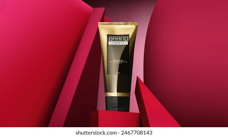 Cosmetic products ad on red geometric shape podium . luxury skin care ad. Illustration vector