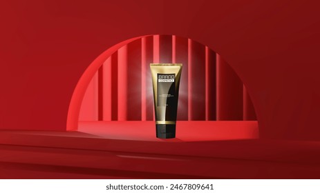 Cosmetic products ad on red stairs and red arched door . luxury skin care ad. Illustration vector