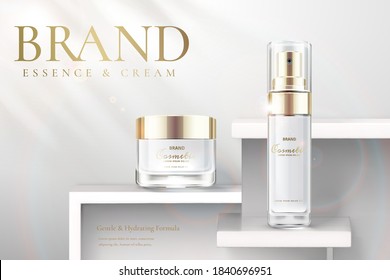 Cosmetic products ad template. Elegant essence and skincare products on white background in 3d illustration.