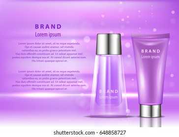 Cosmetic products ad. Vector 3d illustration. Skin care bottle template design. Face and body make up cream and lotion.