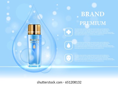 Cosmetic products ad. Vector 3d illustration. Skin care bottle template design. Face and body make up cream and lotion.