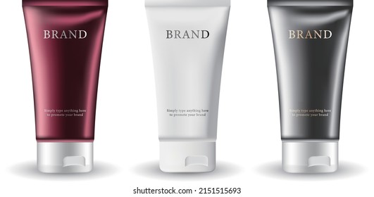 Cosmetic products advertisement on a white background. Cosmetic package collection for cream, soups, foams, shampoo. Different color design. Vector illustration.