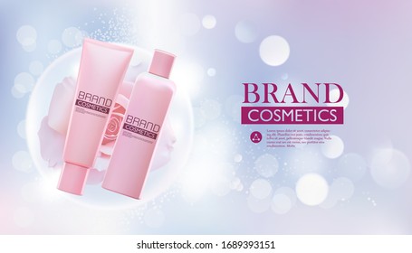 cosmetic products advertising with roses,bokeh background,Vector Illustration Of Realistic.