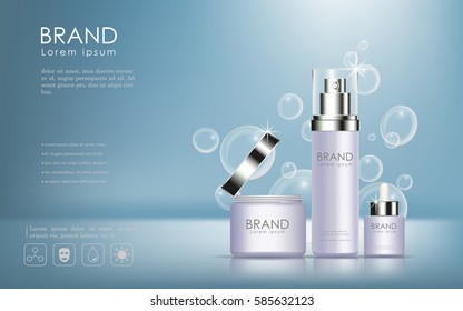 Cosmetic products ad,white bubble background with beautiful containers in vector 3d illustration