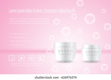Cosmetic products ad,white bubble background with beautiful containers in vector 3d illustration