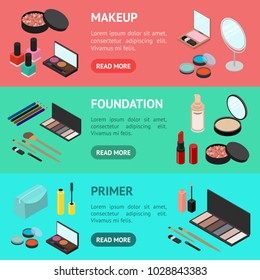 Cosmetic Products Banner Horizontal Set for Woman Makeup or Skin Care Isometric View Include of Powder, Mirror, Lipstick, Eyeshadow and Brush. Vector illustration of Element Cosmetic Bag