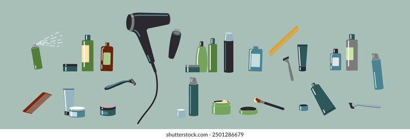 Productos cosméticos y suministros de belleza Conjunto de objetos de dibujos animados 2D. Remedios y herramientas del tratamiento del cuidado de la piel línea plana Elementos de Vector fondo verde