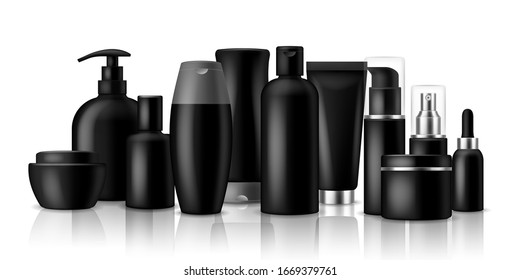 Cosmetic products. Black blank plastic containers and jar for luxury spray or cream isolated vector packaging mockup set