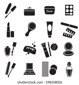 Cosmetic products black and white icons set.