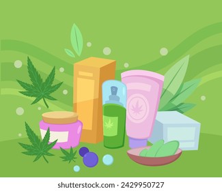 Cosmetic products with cannabis vector illustration. Different bottles, tubes and packages with beauty products, hemp leaves on background. Availability of cannabis products, healthy effect of hemp