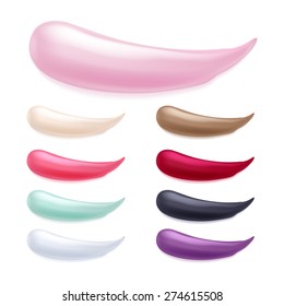 Cosmetic products color samples smudges set. Lip gloss, creamy eyeshadow, nail polish textures.