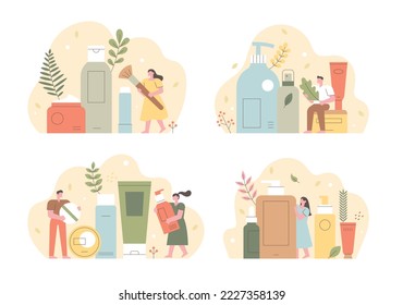 Cosmetic products are composed sets  People are holding large cosmetics  Illustration in simple   geometric style 