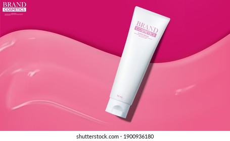 Cosmetic products with cream texture clear pink skincare, Promo banner, advertising background.3D vector illustration.