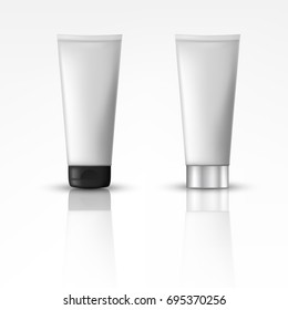 Cosmetic products with different cap. Suitable for cream, soups, foams, shampoo. Object, shadow, and reflection on separate layers. vector illustration