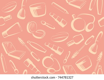 Cosmetic products doodles background. Vector illustration