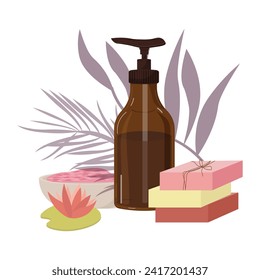 Productos cosméticos. Volante con un conjunto de productos de higiene y spa. Sal cosmética, jabón natural, botella con gel, aceite. Para salones de belleza y spas, postales, folletos y cubiertas, tiendas de cosméticos