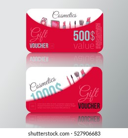 Cosmetic Products gift voucher for Make Up Vector Illustration with Pencil, Eyeshadow, Powder, Lipstick, Mascara, Brush.